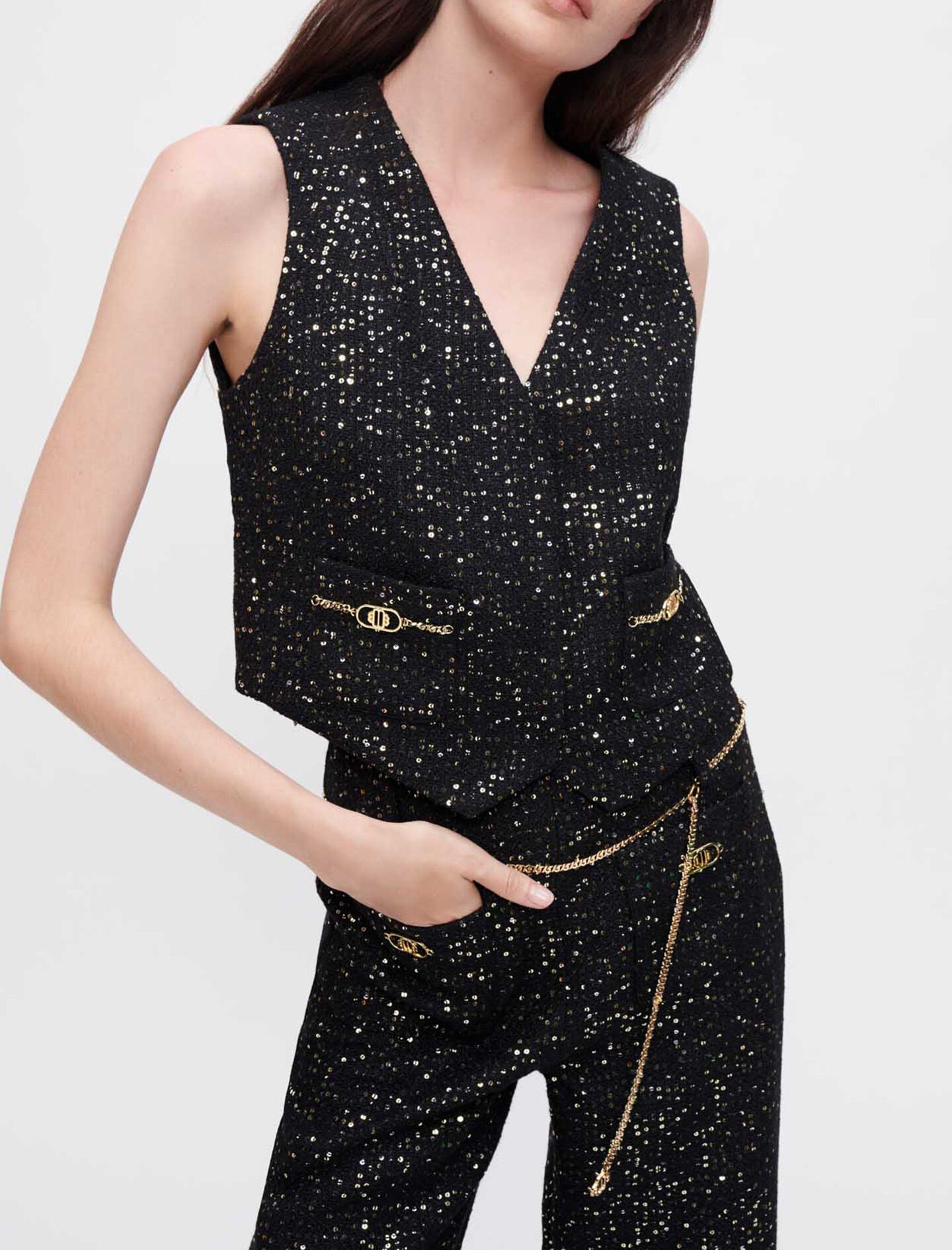 Vestă din tweed cu paiete - Negru