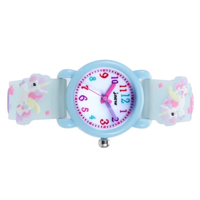Reloj infantil SHARPHY para niñas, resistente al agua, con movimiento de cuarzo y gel de silicona, diseño de unicornio azul de dibujos animados.