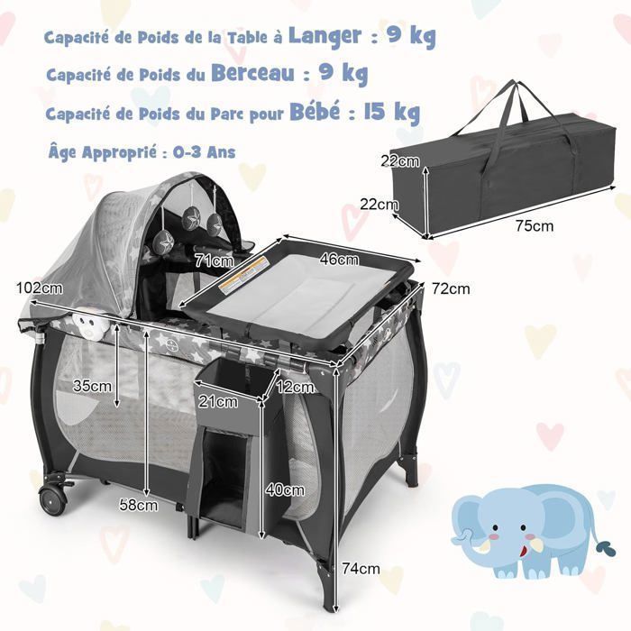 COSTWAY 5-in-1 Folding Baby Travel Cot with Mattress, Hanging Toys, Music Box, Removable Canopy, 2 Wheels, 0-3 Years, 15KG, Grey