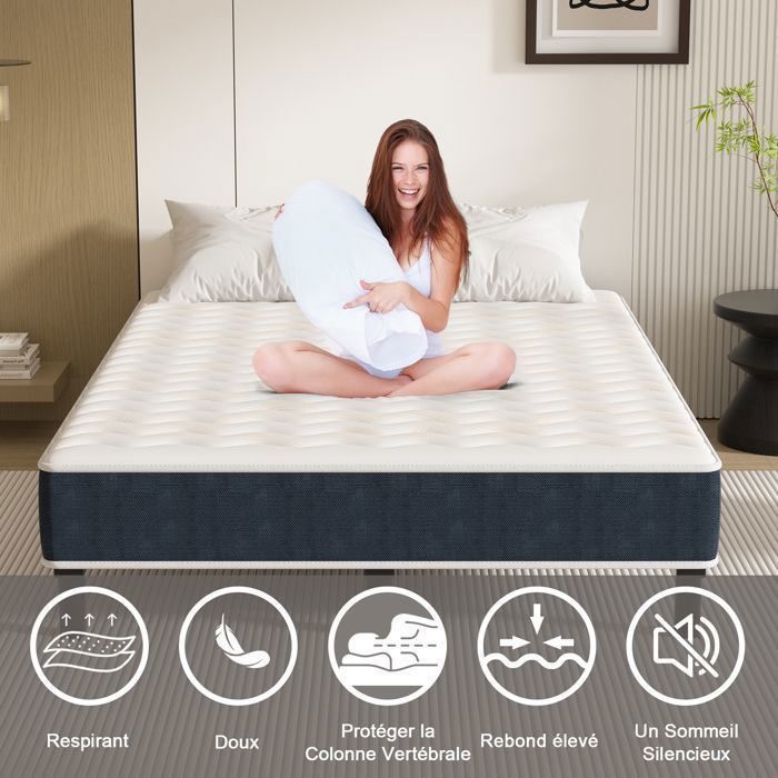 Set materasso e base letto, 140 x 190 cm, spessore 15 cm, materasso a molle insacchettate STANEW e robusta struttura letto in ferro con 7