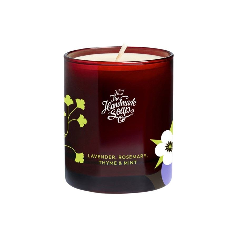 Roku darbs ziepju svece, ar lavandas, rozmarīna, timiāna un piparmētras aromātu, sojas svece – 210 g