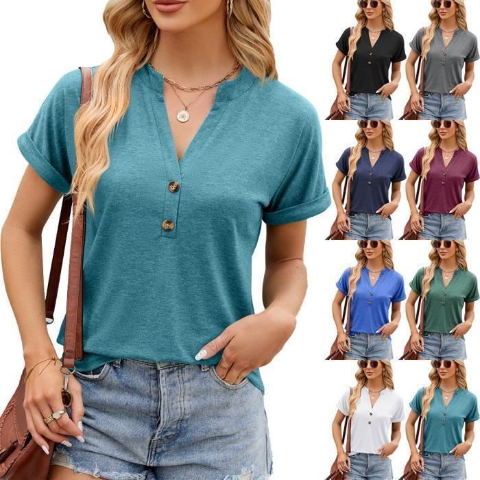 T-shirt da donna - INSFITY - Scollo a V con bottoni - Maniche corte - Blu navy
