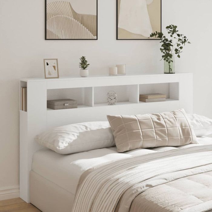 vidaXL Tête de Lit à LED, Panneau avec Rangement, Accessoire de Lit, Tête de Cadre de Lit Chambre, Blanc 180x18,5x103,5 cm 837358