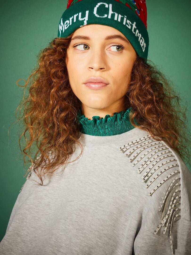 Sweatshirtjurk van zachte stof met franjes van strasssteentjes - GRIJS
