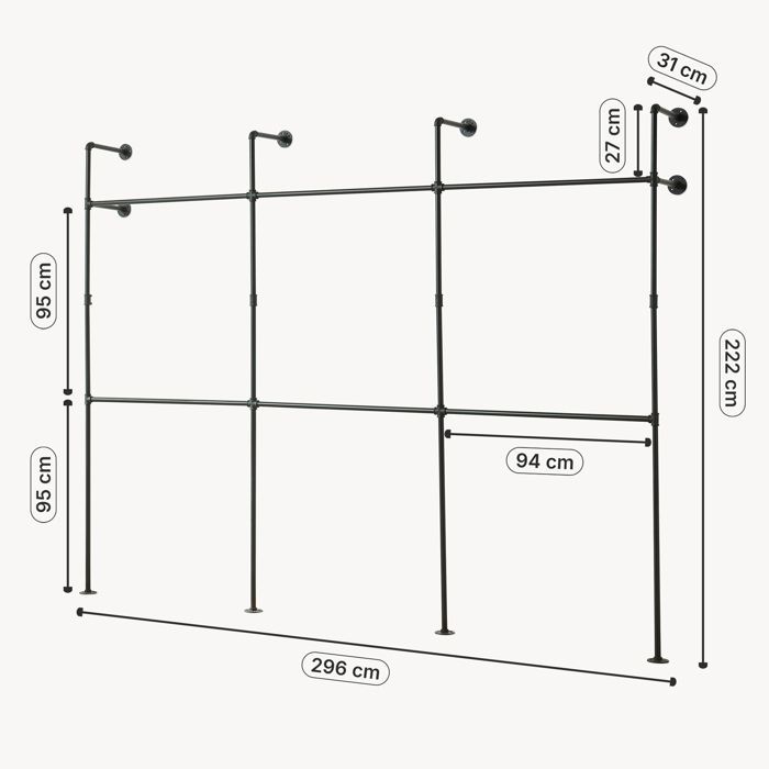 Kenävatka wall-mounted clothes rack, 222 x 296 x 31 cm, black