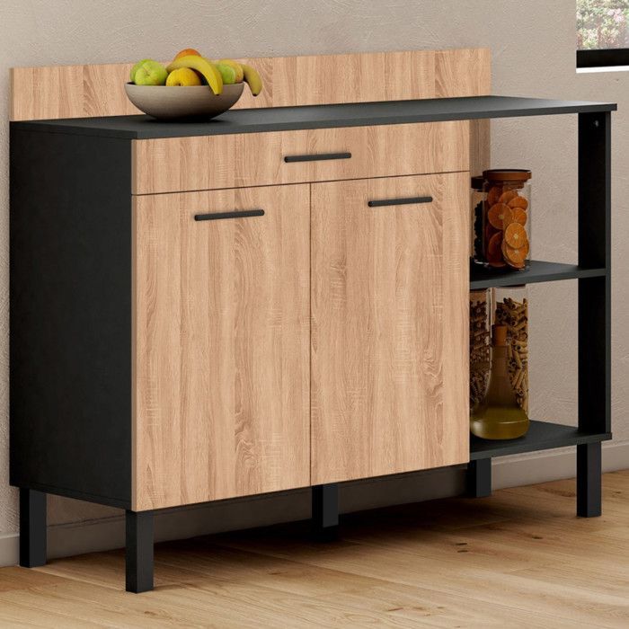 IDMARKET CINA Aparador bajo de cocina de 120 cm con encimera de 83 cm de altura, 2 puertas + cajón, color negro y efecto haya.