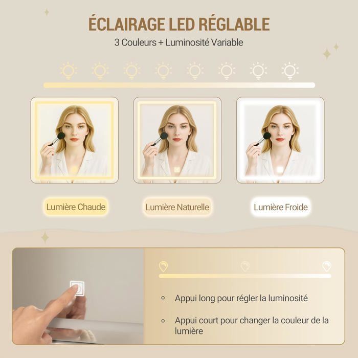 Penteadeira grande com iluminação LED, 3 cores, brilho ajustável, espelho, 9 gavetas, 9 prateleiras abertas, branco-dourado