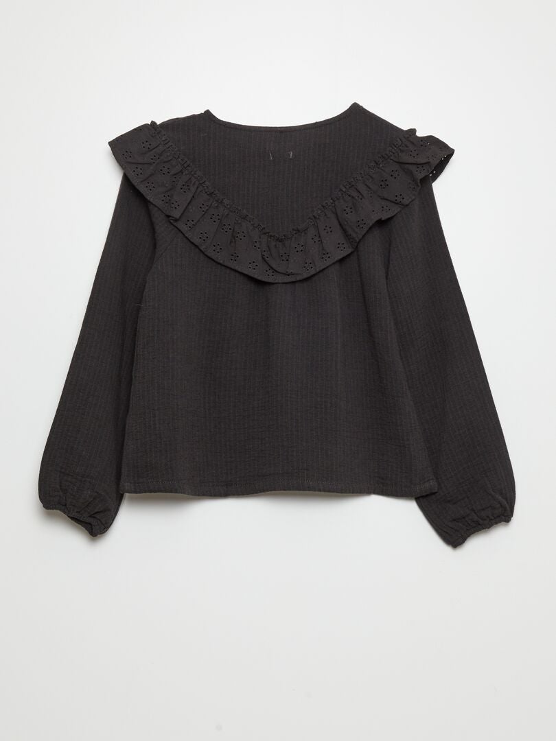 Blusa de gasa de algodón con aplique de volantes - NEGRO