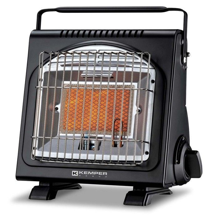 Calentador de gas portátil piezoeléctrico KEMPER de 1700 W con cartucho, sistemas de seguridad integrados y 2,5 horas de autonomía.