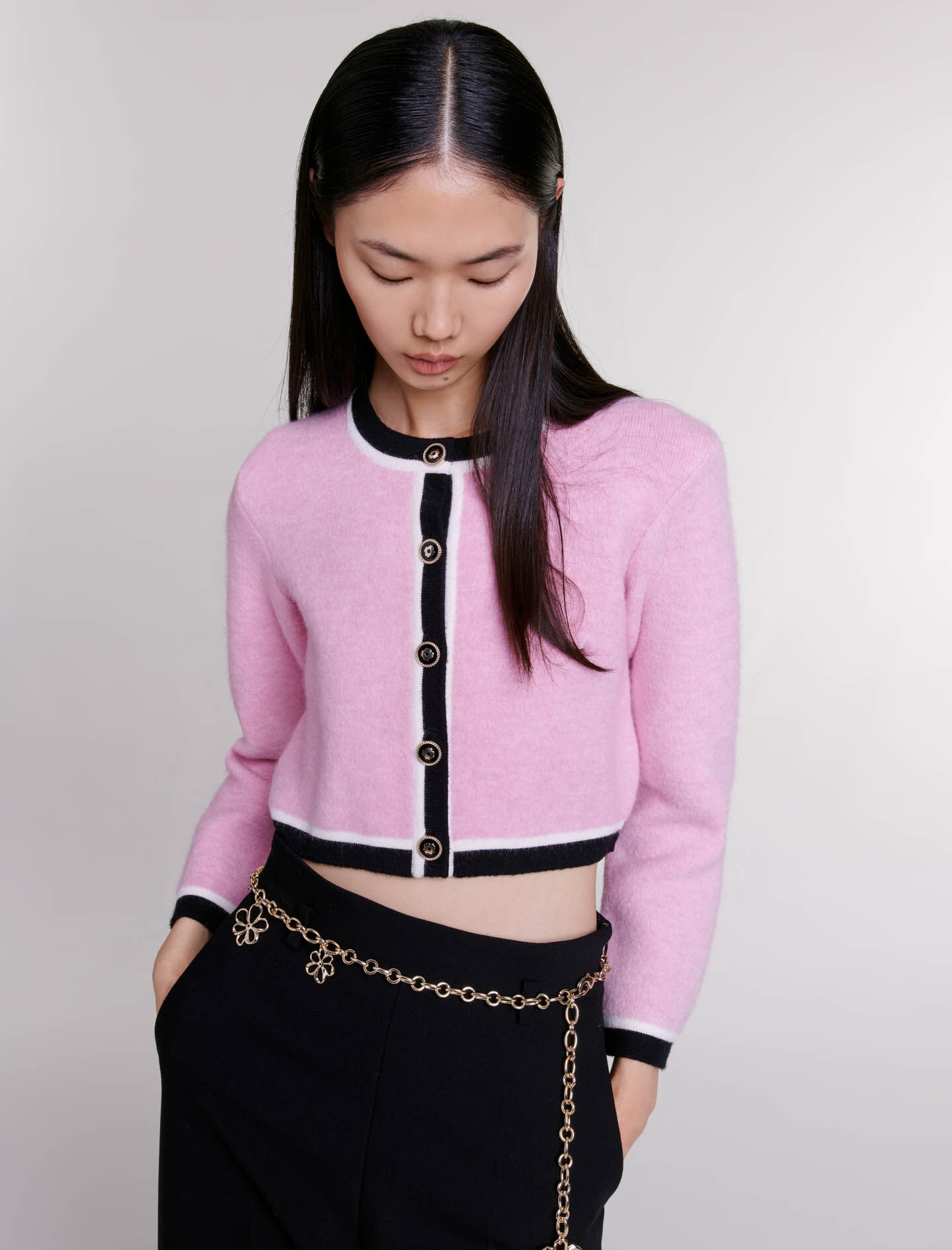 Cardigan scurt tricotat - Roz/negru