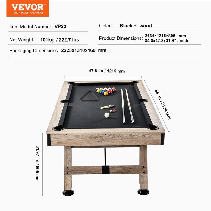 Mesa de billar VEVOR - 213,4 cm - Patas ajustables - Bolas - Tacos - Tiza y cepillo - Acabado en madera con paño negro - Hogar - Club - Cafetería - Bar