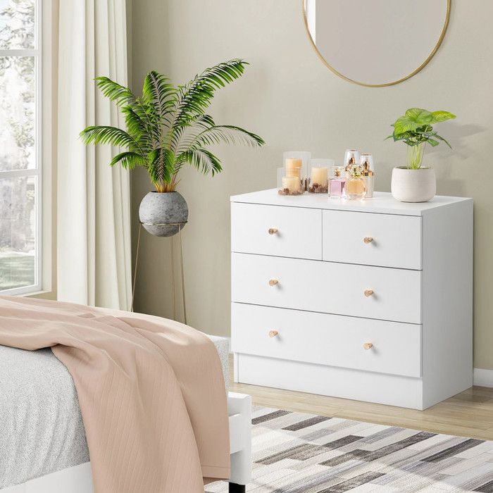 Cómoda de 4 cajones con tirador - ALIGHTUP - Muebles de dormitorio, 66 x 33 x 56 cm, Blanco