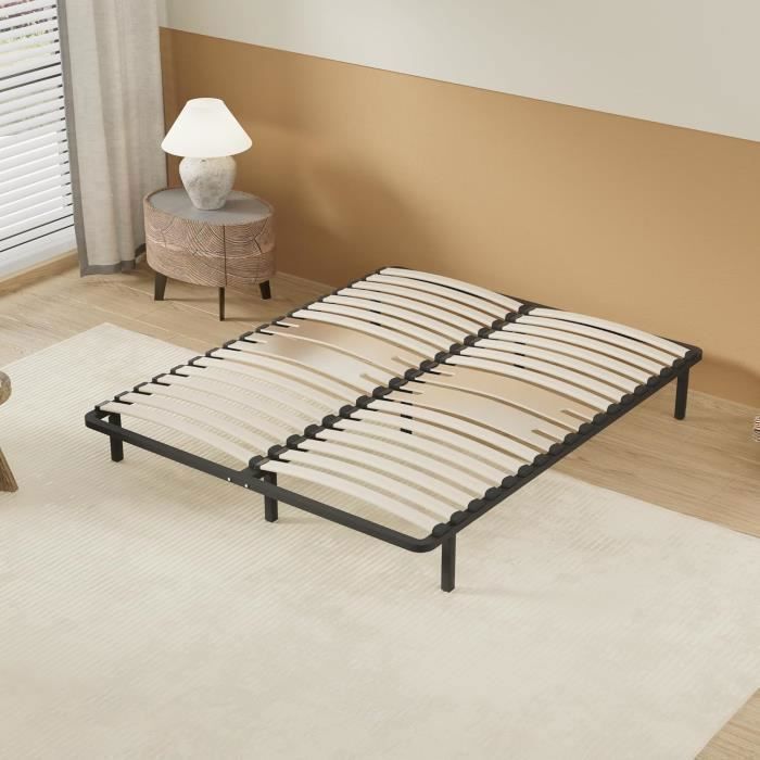 Metal bed base with flexible wooden slats (160x200), 2 double lumbar support slats, 7 legs, stable, sturdy and durable bed