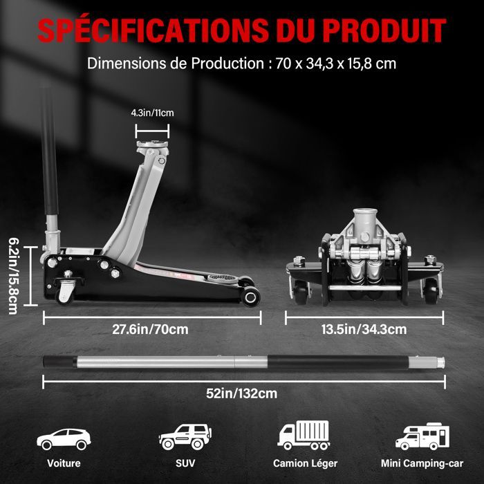 Cric idraulico da 3 tonnellate, altezza 75-500 mm, doppio pistone + 2 supporti in gomma, sollevatore per auto per manutenzione e cambio gomme