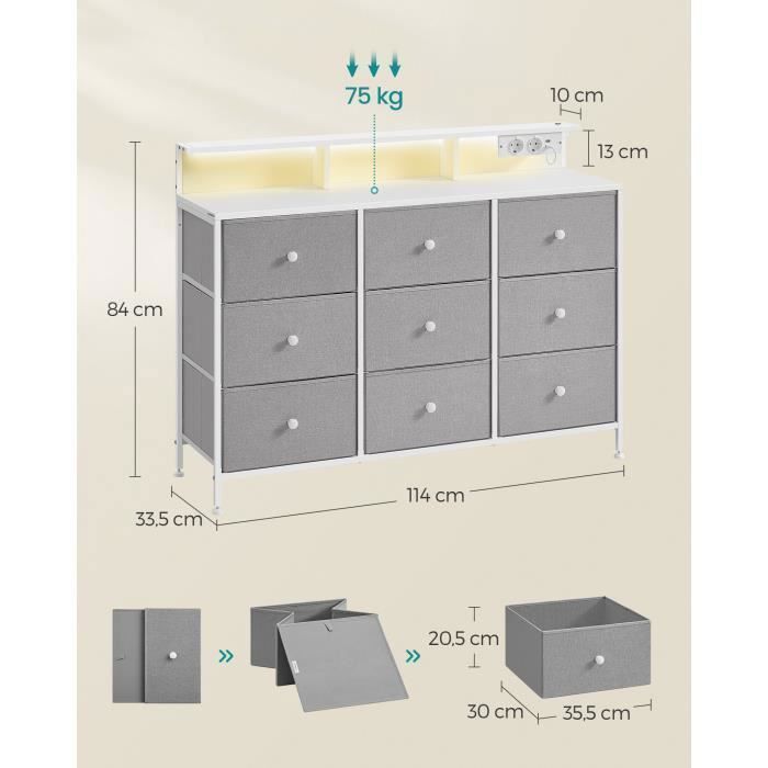 Cómoda con 9 cajones e iluminación LED, regleta, estructura de acero, 33,5 x 114 x 84 cm, para dormitorio o salón, color gris paloma.