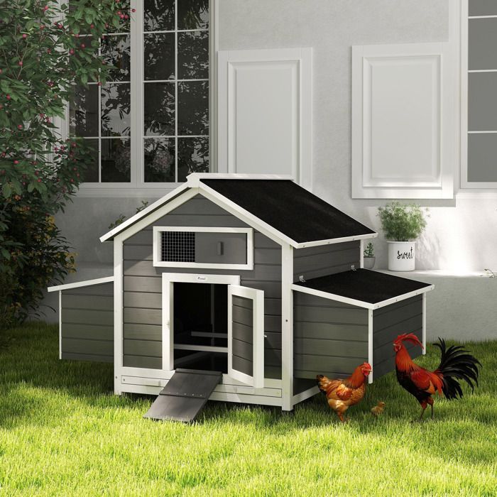 Poulailler - PawHut - pour 4 poules - pondoir, toit imperméable ouvrable, tiroir amovible - bois de sapin - 150x100x96,5cm - gris