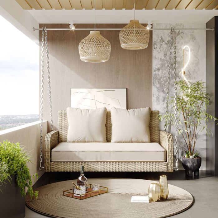 Columpio de jardín LANGTU de 2 plazas - Poliratán beige - Cojines de 11 cm - Cadenas resistentes