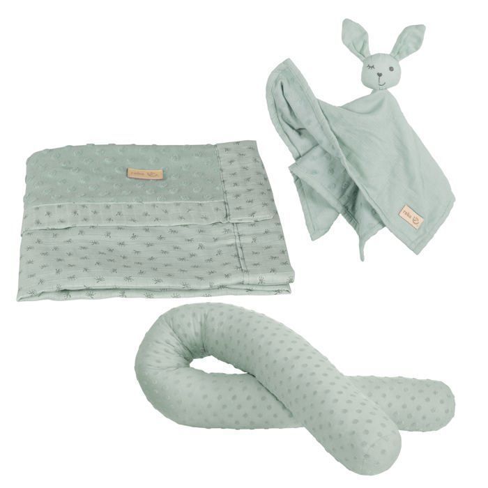 ROBA Coffret Bébé Lil Planet - 3 PCS - 1 Coussin Traversin + 1 Couverture + 1 Doudou - Cadeau de Naissance - Vert Givré