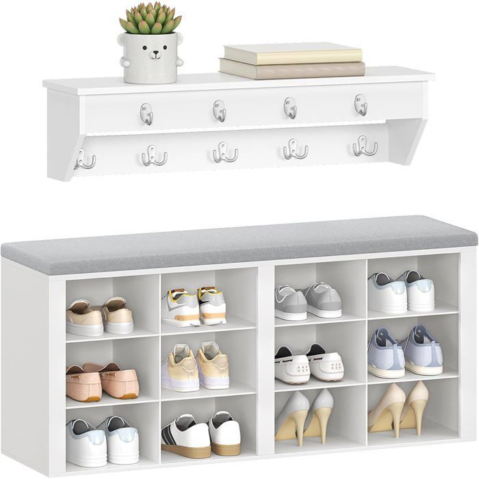 Banco zapatero, banco de almacenamiento con 12 compartimentos, perchero, estante para zapatos, con 9 ganchos, blanco-gris