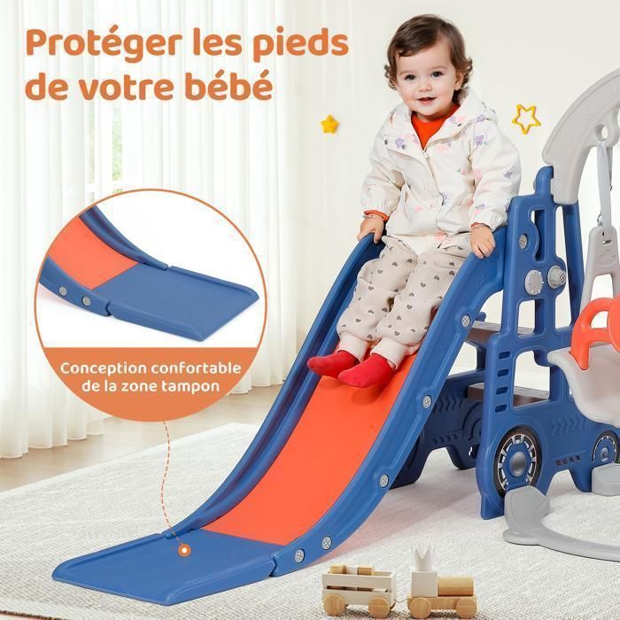 Scivolo per bambini 5 in 1 con altalena, canestro da basket, porta da calcio, gioco del lazo, hockey, blu