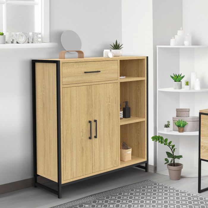 IDMARKET DETROIT bathroom storage unit with 1 drawer, 2 doors, cupboard and shelves, industrial design