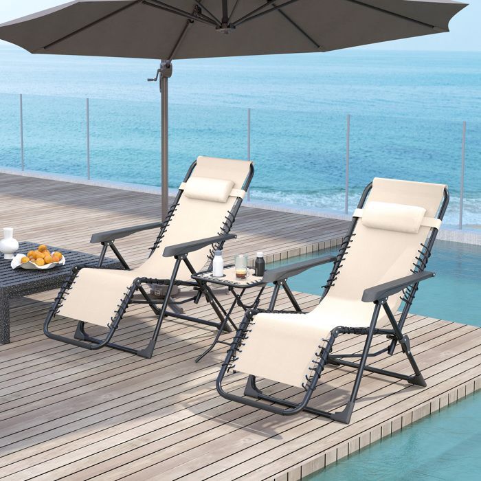 Lot de 2 chaise longue pliable et inclinable avec table d'appoint - Outsunny - porte-gobelets et appuie-têtes - charge 120kg - beige