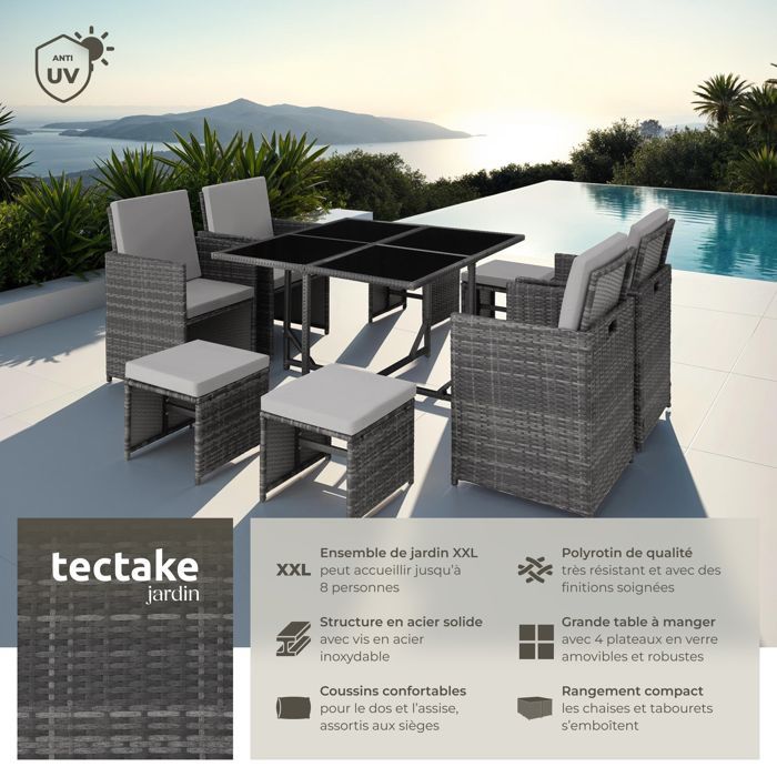 Mobili da giardino - TECTAKE - Set da pranzo per esterni BILABO per 8 persone, resistente e pieghevole, realizzato in resina intrecciata - Grigio