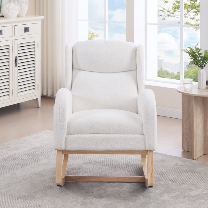 Mecedora moderna, silla de lactancia con reposapiés y estructura de madera, tela Teddy, blanca.