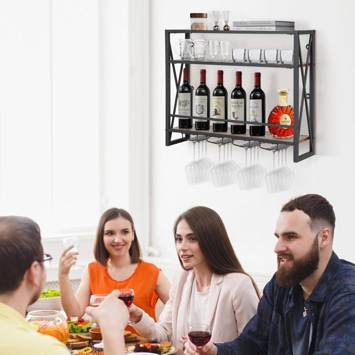COSTWAY Casier à Vin Mural Industriel à 3 Niveaux avec Porte-gobelet en Métal, Étagère de Rangement pour Cuisine Bar Salle à Manger