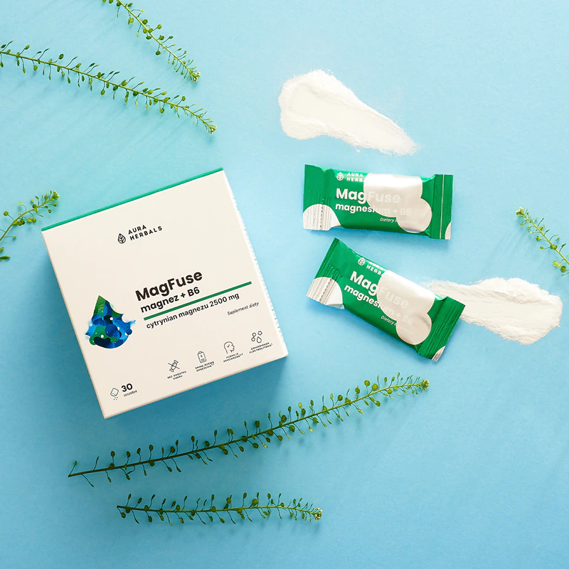 Sachês do suplemento alimentar Aura Herbals MagFuse + B6 para o bom funcionamento do sistema nervoso.