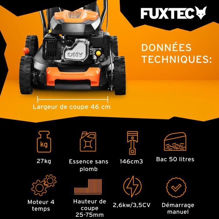 Rasaerba a benzina FUXTEC 146cc 46cm – a spinta, sacco di raccolta erba 50L – Modello FX-RM4646ECO 3.5 HP
