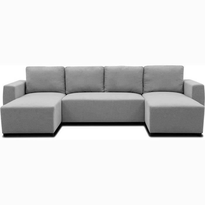 Canapé d'angle convertible panoramique PHARELL 5/6 places - Tissu souris - Coffre de rangement - L297 x P155 x H85 cm