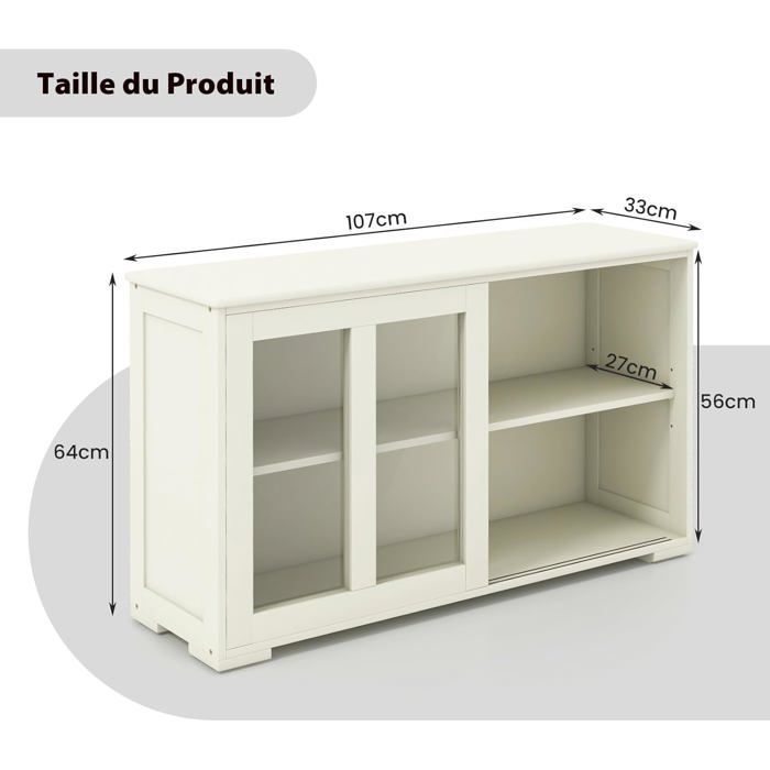 COSTWAY Kitchen Buffet, Kitchen Storage Cabinet, Sideboard with Sliding Tempered Glass Door in Beige Wood