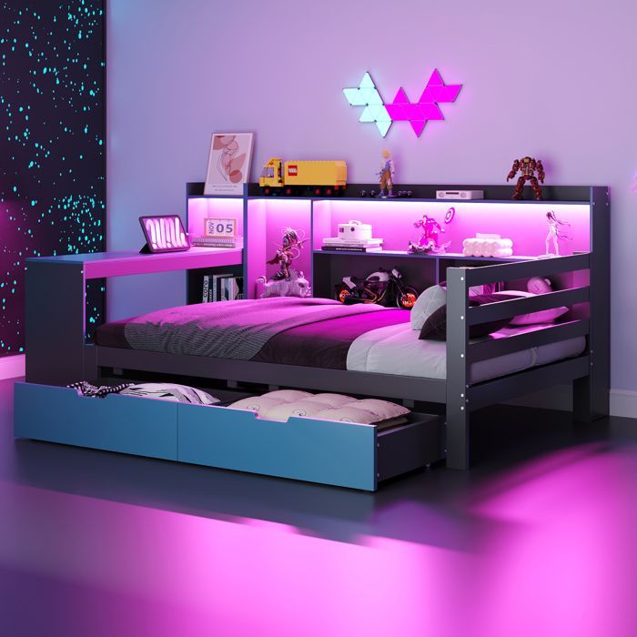 Cama individual de 90x200 cm con LED - 2 cajones y compartimentos de almacenamiento - toma de corriente - negro+azul