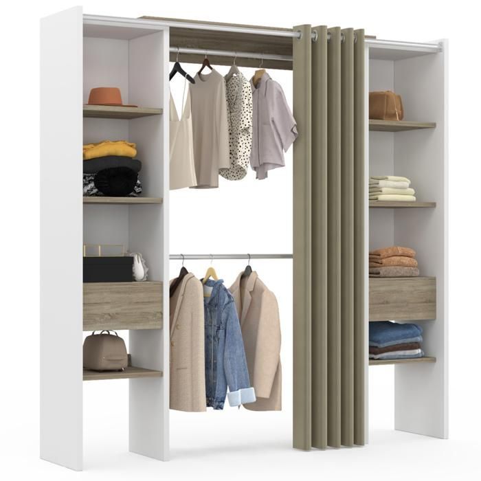 IDMARKET MERYL Guarda-roupa duplo extensível 120/180 x 50 x 180 cm Branco com Prateleiras em Faia + Cabideiro Duplo + Cortina Taupe