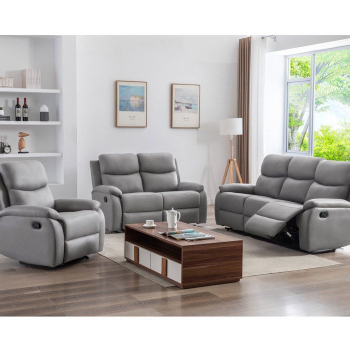 Set of 2 sofas + manual reclining armchair in light grey PU leather - ZOLARA