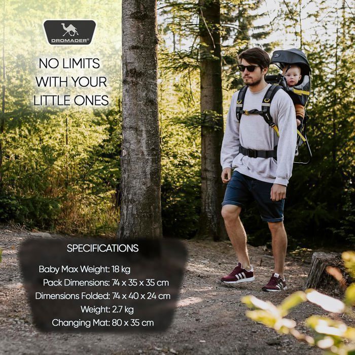 Portabebés DRAMADER para senderismo - Cómodo hasta 22 kg - Mochila con bolsillo isotérmico, funda para el sol y la lluvia - Negro y amarillo