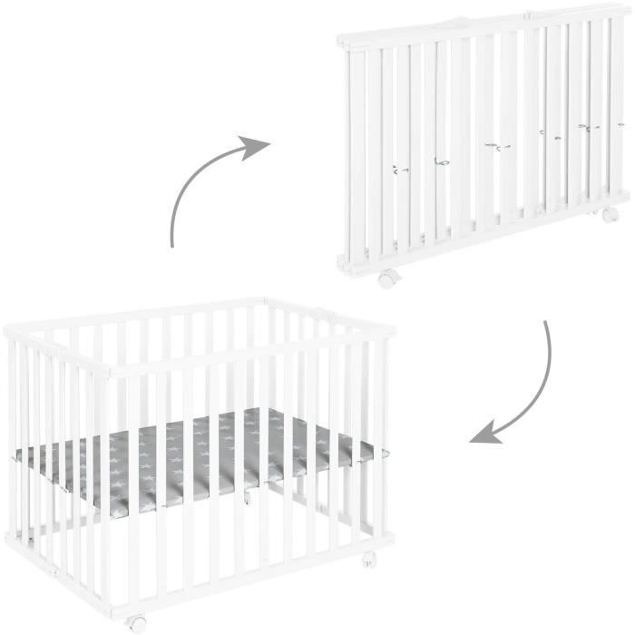 Parque infantil plegable ROBA - LITTLE STARS - 75 x 100 cm - Altura regulable - 4 ruedas con freno - Madera lacada en blanco - Estampado de estrellas