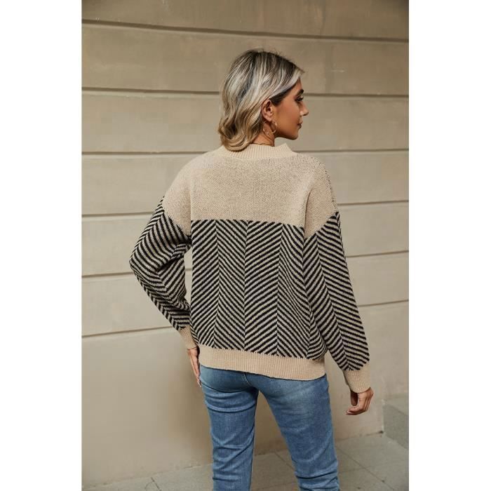 Pull Femme Rayure Automne Hiver en Tricot Manches longues Col Rond - Kaki - INSFITY - Femme - Adulte