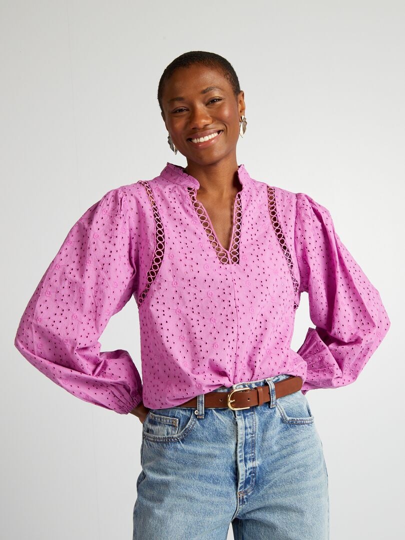 Geborduurde en geperforeerde blouse met V-hals - ROZE