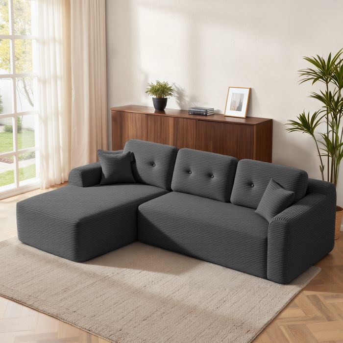 Sofá esquinero fijo VASAGLE, sofá de 3 plazas, no requiere montaje, chaise longue grande orientada a la izquierda, para salón o dormitorio, gris.