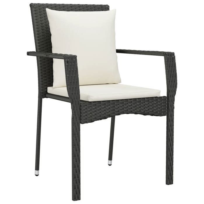 Tuineetset - BURKE - Geweven hars - 5-delig - Zwart - Crème-witte kussens - Tafel 140x70x74 cm