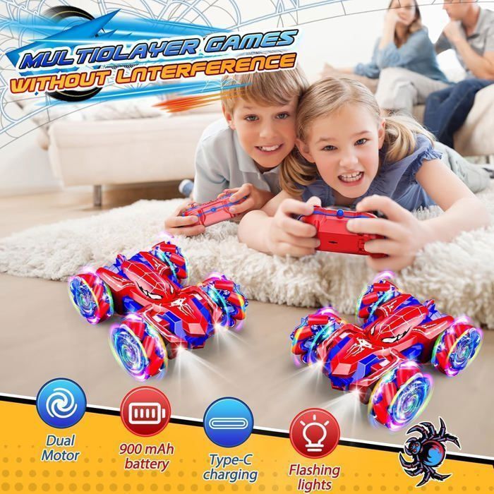 Voiture Télécommandée Jouet, BIENCOME 360° Rotation Voiture Enfant avec Spray 2.4GHz Lumières Recharge USB pour Enfants 3-12 Ans