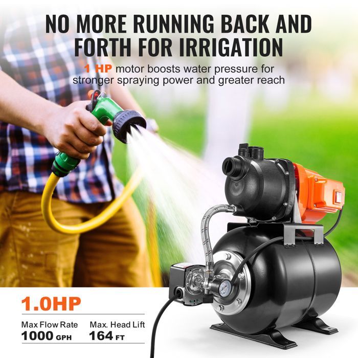 Groupe de Surpression-VEVOR-735 W-Pompe de Puits Peu Profonde avec Réservoir sous Pression 19 L, 3700 L/h-pour Pelouse, Jardin