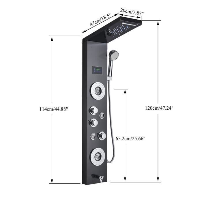 Colonna doccia nera JULLYBATHEVY con pannello doccia a LED, doccetta e sistema doccia con 5 getti idromassaggio.