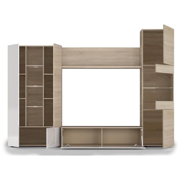 Mueble de TV ESSENCIAL con iluminación LED blanca clásica de alto brillo y acabado en roble - 260 cm de ancho