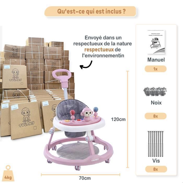 Girello Twinky® 3 in 1 | Rosa | Girello di lusso e convertibile | Monopattino, tappetino poggiapiedi e maniglione | Primi passi divertenti