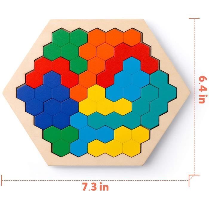 en Bois Hexagone Puzzle, Tangram Casse-tête Jouet Géométrie Logique IQ Jeu Montessori Éducatif pour Tous Les Ages Défi
