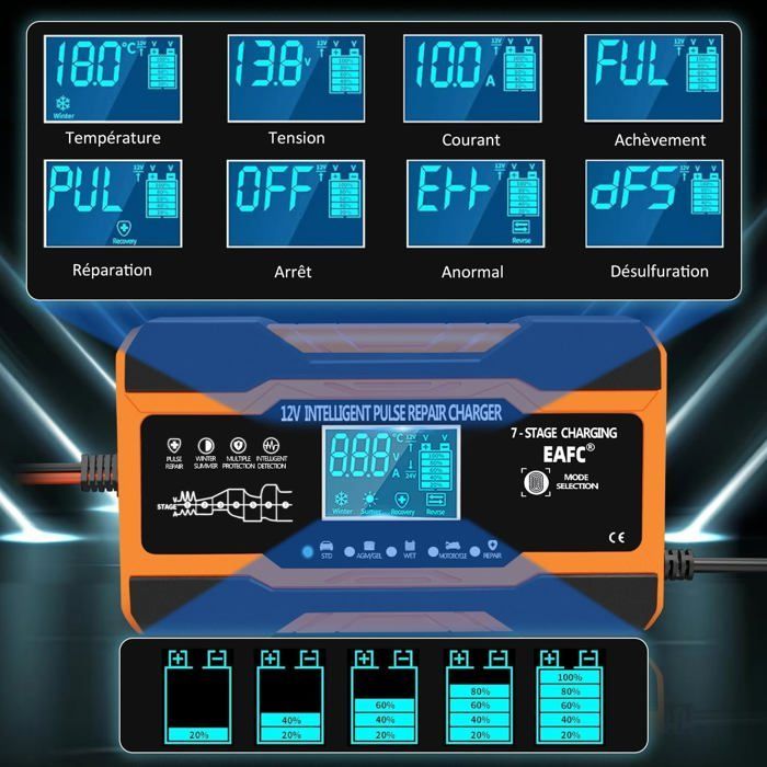 Cargador inteligente de baterías para coche de 12 A y 12 V, cargador de mantenimiento para baterías de plomo-ácido, STD, AGM, gel, SLA y baterías de motocicleta.