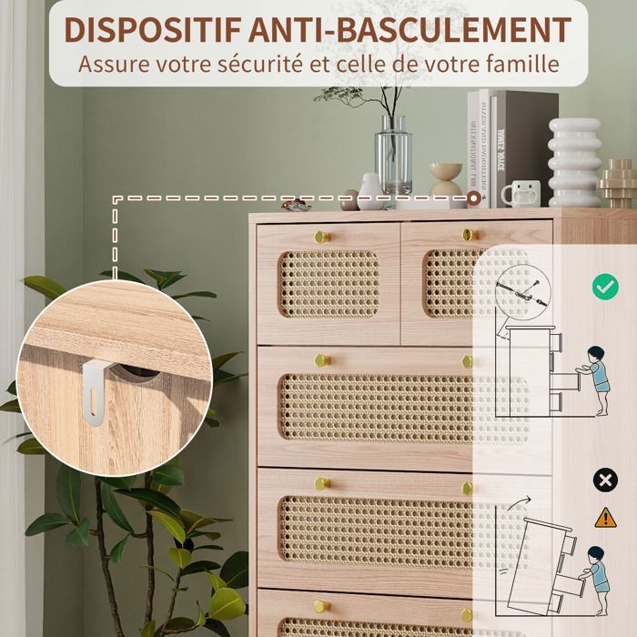 Cómoda de 5 cajones - LUMINARIX - Madera natural - Ratán - 60 x 34 x 91 cm - Elegancia chic - MDF